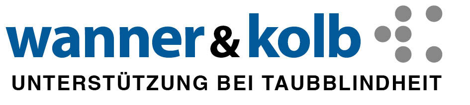 Logo der Wanner & Kolb gUG Schriftzug der Namen in dunkelblau Dahinter Punkte in grau die in ihrer Anordnung die Braillezeichen W und K darstellen Darunter in schwarz der Schriftzug Unterstützung bei Taubblindheit